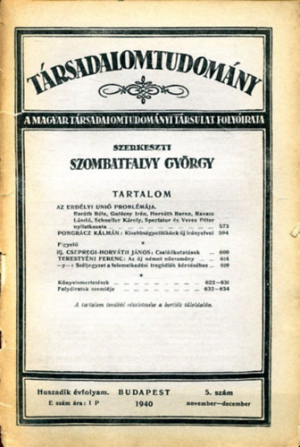 Szombatfalvy Gyrgy  (Szerk.) - Trsadalomtudomny - 1940. Huszadik vfolyam 5. szm (november-december)