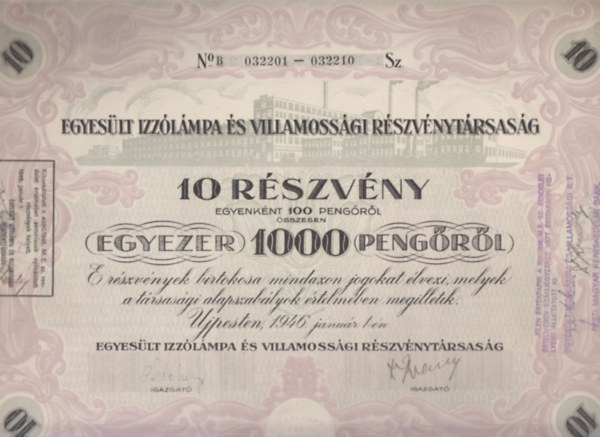 Egyesült Izzólámpa és Villamossági Részvénytársaság részvénye (történelmi értékpapír, eredeti)