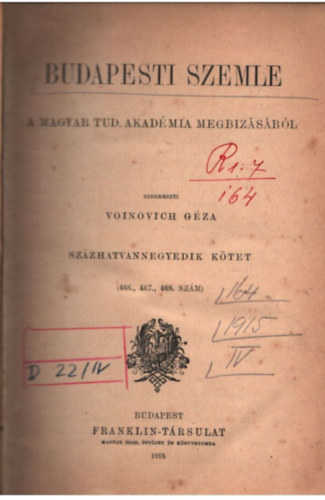 Voinovich Gza - Budapesti szemle 164. ktet ( 466., 467., 468., szm )