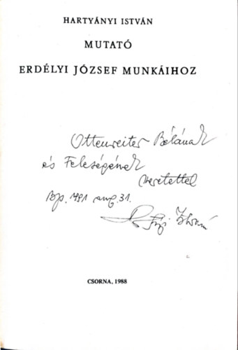 Hartynyi Istvn - Mutat Erdlyi Jzsef munkihoz