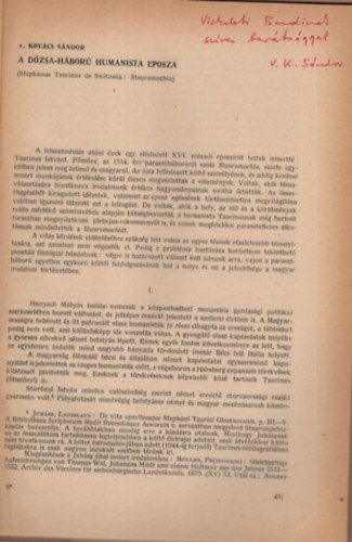 V. Kov�cs S�ndor - A D�zsa-h�bor� humanista eposza - Dedik�lt - K�l�nlenyomat