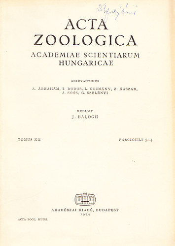 J. Balogh - Acta Zoologica (A Magyar Tudomnyos Akadmia zoolgiai kzlemnyei)- Tomus XX., Fasciculi 3-4.