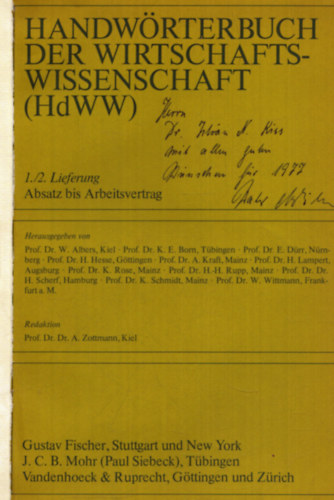 K. E. Born, E. D�rr, H. Hesse, A. Kraft, H. Lampert, K. Rose, H. Scherf, W. Wittmann, Walter Achilles W. Albers - Handw�rterbuch der Wirtschafts-wissenschaft (dedik�lt)