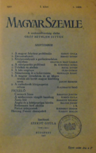 Szegf Gyula  (szerk) - Magyar Szemle 1927 I. ktet 1. szm