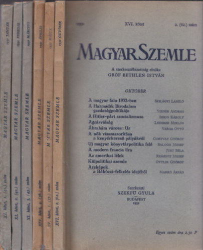 Bethlen István gróf - 6 db Magyar Szemle: 1931/január, február, március+1932/április, május, október