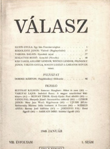 Illys Gyula  (szerk.) - Vlasz - VIII. vf. 1. szm, 1948. janur