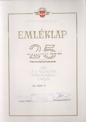 Budapesti K�zleked�si V�llalat t�rzsg�rda eml�klap (szocre�l oklev�l)