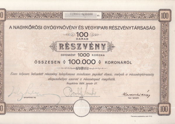 A Nagykőrösi Gyógynövény és Vegyipari Részvénytársaság részvénye (történelmi értékpapír, eredeti)
