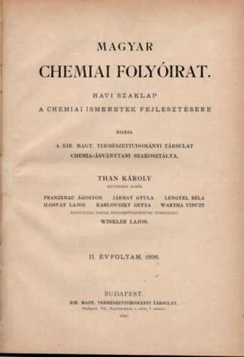 Winkler Lajos - Magyar chemiai folyirat 1896. 1-12. (teljes vfolyam, egybektve)
