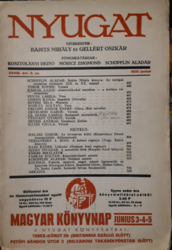 Babits M- Gellrt O. szerk. - Nyugat XXVIII. vf. 6. szm (1935. jnius)