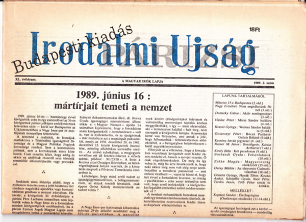 M�ray Tibor  (szerk.) - Irodalmi Ujs�g 1989. 2.sz�m + mell�klete.