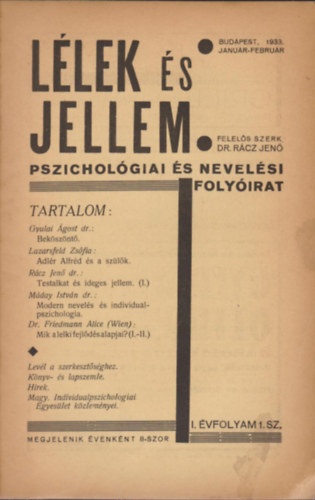 Llek s Jellem - Pszicholgiai s nevelsi folyirat I.vf. 1.sz 1933. Janur-Februr