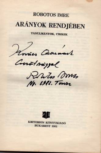 Robotos Imre - Arányok rendjében- Tanulmányok, cikkek- dedikált