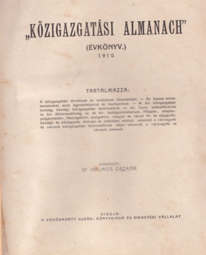 Dr. Halmos Oszkár - Közigazgatási Almanach Évkönyv 1910.