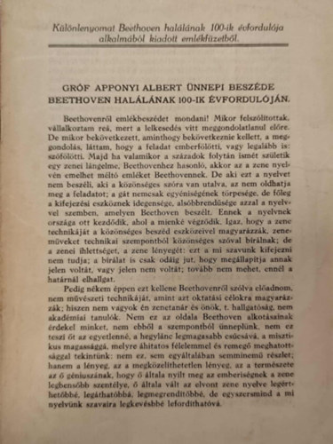 Gr�f Apponyi Albert �nnepi besz�de Beethoven hal�l�nak 100-ik �vfordul�j�n. K�l�nlenyomat