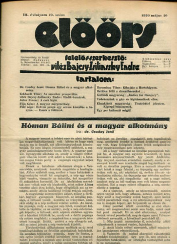 vit�z Bajcsy-Zsilinszky Endre  ( felel�s szerkeszt�) - El��rs foly�irat III. �vf. 20. sz�m. 1930. m�jus 17.