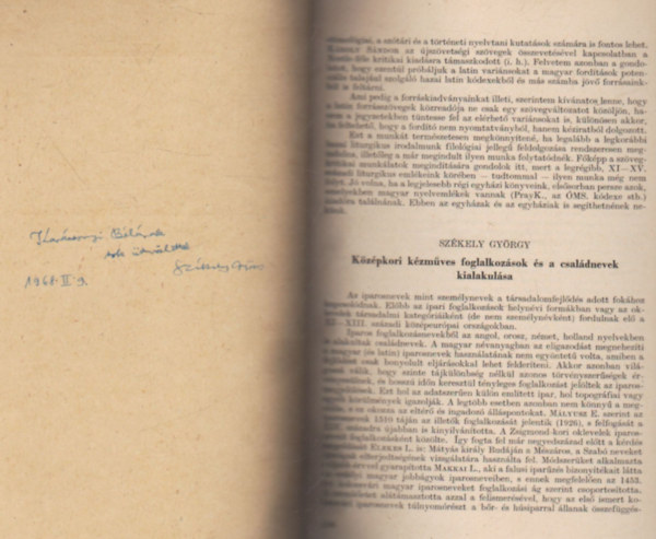 Sz�kely Gy�rgy - K�z�pkori k�zm�ves foglalkoz�sok �s a csal�dnevek kialakul�sa- K�l�nlenyomat - Dedik�lt