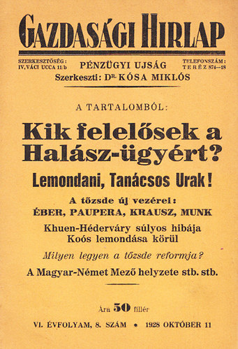 Kósa Miklós dr. (szerk.) - Gazdasági Hirlap - Pénzügyi ujság VI. évfolyam, 8. szám (1928 október 11)