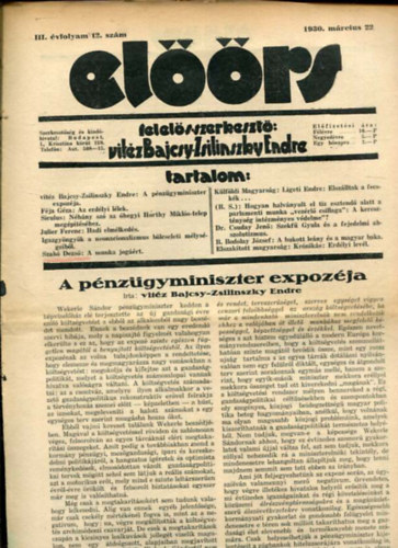 vit�z Bajcsy-Zsilinszky Endre  ( felel�s szerkeszt�) - El��rs foly�irat III. �vf. 12. sz�m. 1930. m�rcius 22.
