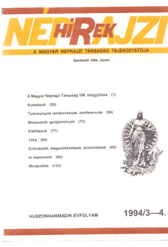 Hla Jzsef  (szerk.) - Nprajzi Hrek 1994/3-4. (23. vfolyam)