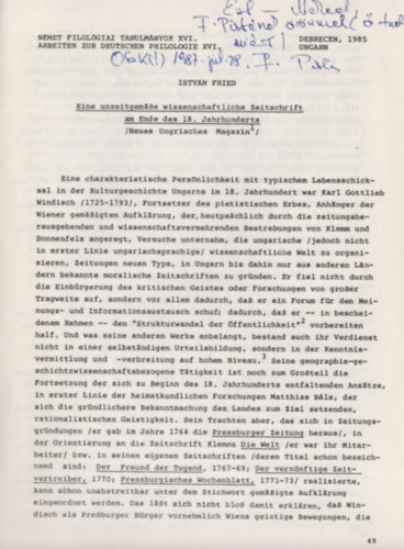 István Fried - Eine unzeitgemäße wissenschaftliche Zeitschrift am Ende des 18. Jahrhunderts (Dedikált)