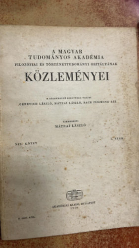 Mátrai László - A Magyar Tudományos Akadémia Filozófiai és Történettudományi osztályának közleményei XIX. kötet 1. szám