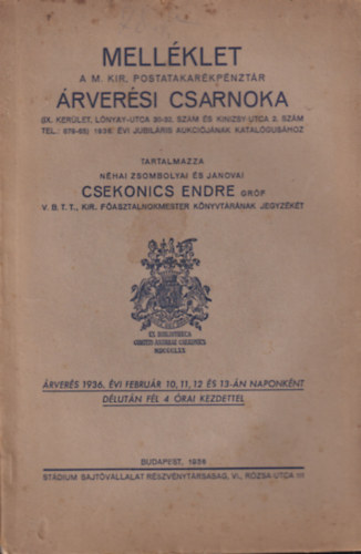 Mell�klet a M. Kir. Postatakar�kp�nzt�r �rver�si csarnoka 1936. �vi jubil�ris aukci�j�nak katal�gus�hoz