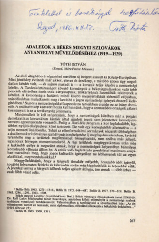 Tth Istvn - Adalkok a Bks megyei szlovkok anyanyelvi mveldshez ( 1919-1939 ) - Klnlenyomat - Dediklt