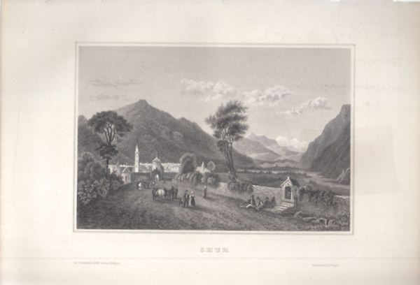 Chur (Svájc, Európa) (16x23,5 cm lapméretű eredeti acélmetszet, 1856-ból)