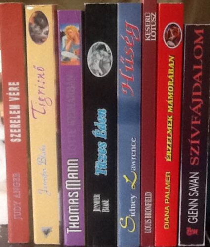 8 db romantikus reg�ny:J. Anger:Szerelem v�re+J. Blake:Tigrisn�+T. Mann:Lotte Weimarban+J. Blake:T�zes �den+S. Lawrence:H�s�g+L. Bromfield:Keser� l�tusz+D. Palmer:�rzelmek m�mor�ban+G. Savan:Sz�vf�jdalom