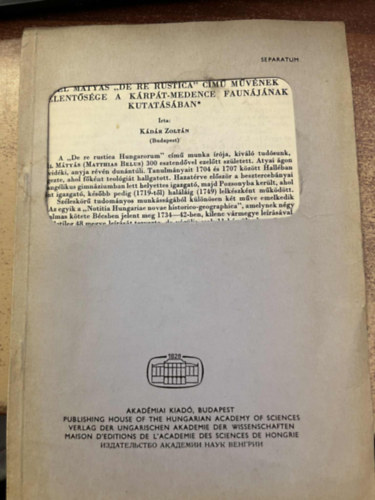 Kádár Zoltán - Bél Mátyás "De re rustica" című művének jelentősége a Kárpát-medence faunjának kutatásában