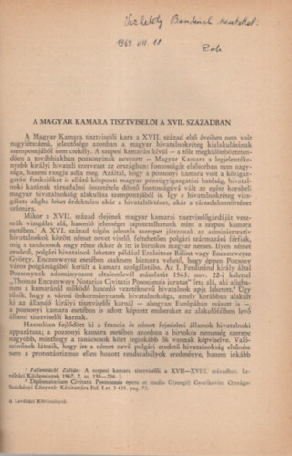 Fallenbchl Zoltn - A Magyar Kamara tisztviseli a XVII. sz.-ban - Dediklt- Klnlenyomat