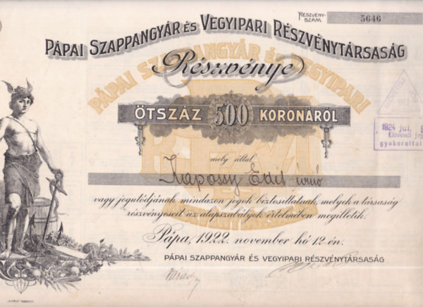 Pápai Szappangyár és Vegyipari Részvénytársaság részvénye (történelmi értékpapír, eredeti)