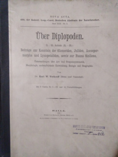 Dr. Karl W. Verhoeff - �ber Diplopoden