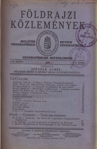 Hzser- Milleker- Rthly  (szerk) - Fldrajzi kzlemnyek 1929/1-5.szm
