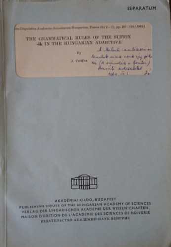 J. Tompa - The grammatical rules of the suffix -ik in the hungarian adjective