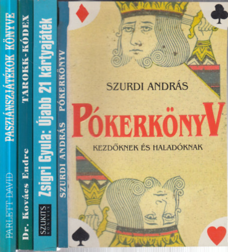 Szurdi András, Zsigri Gyula, Dr. Kovács Endre, Parlett David - 4 db. kártyás könyv (Pókerkönyv + Újabb 21 kártyajáték + Tarokk-kódex + Pasziánszjátékok könyve)