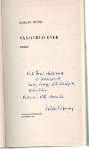 Szemlér Ferenc - Vándorló évek- versek- dedikált