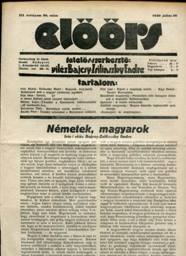 vit�z Bajcsy-Zsilinszky Endre  ( felel�s szerkeszt�) - El��rs foly�irat III. �vf. 30. sz�m. 1930. julius 26.