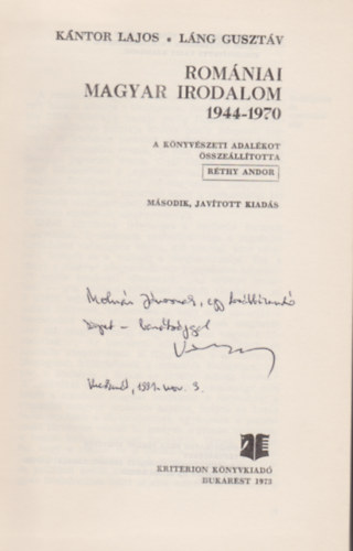 Kntor Lajos-Lng Gusztv - Romniai magyar irodalom 1944-1970