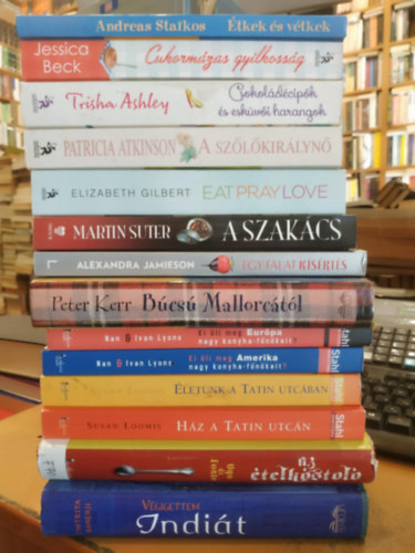 Peter Kerr, Chitrita Banerji, Nan & Ivan Lyons, Jessica Beck, Trisha Ashley, Susan Loomis, Elizabeth Gilbert, Martin Suter, Patricia Atkinson, Andreas Staikos, Alexandra Jamieson Ugo di Fonte - 14 db Gastro-regny: Vgigettem Indit; Egy falat ksrts; Bcs Mallorctl; Az telkstol; Cukormzas gyilkossg; Csokoldcipk s eskvi harangok; zek, imk, szerelmek; Ki li meg Eurpa nagy konyhafnkeit?