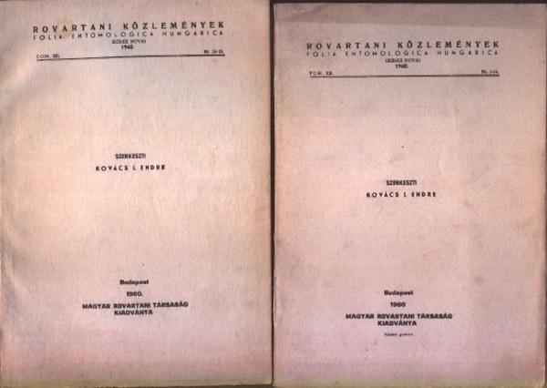 Kovcs I. Endre  (szerk.) - Rovartani kzlemnyek - Folia Entomologica Hungarica 1960. I-II. Tom. XIII. Nr. 1-25.