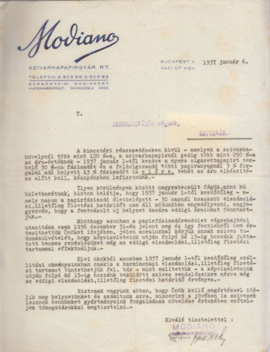 Számla - Modiano Szivarkapapírgyár Rt. (1937)