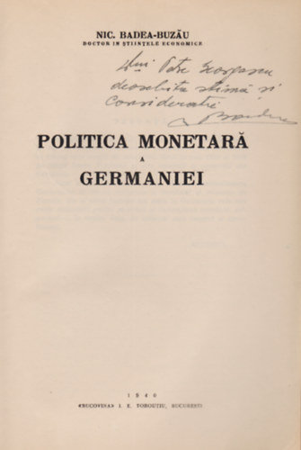 Nic. Badea-Buzau - Politica monetara a germaniei (Dedik�lt)