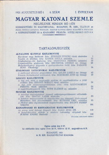 Vit�z Berk� Istv�n (szerk.) - Magyar Katonai Szemle 1931. augusztus (I. �vf, 8. sz�m)