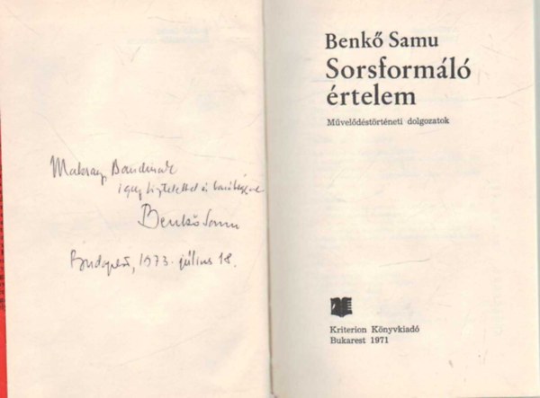Benk� Samu - Sorsform�l� �rtelem  M�vel�d�st�rt�neti dolgozatok