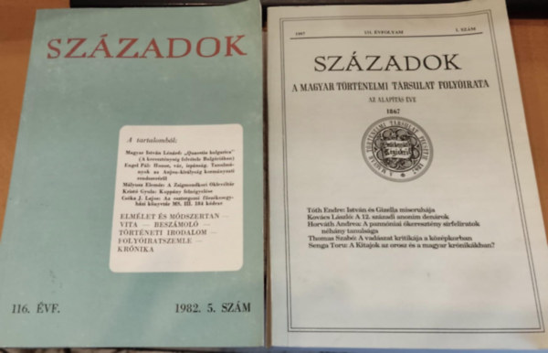 2 db Sz�zadok: A Magyar T�rt�nelmi T�rsulat foly�irata, k�zl�nye (Lapsz�m adatok a term�klapon)