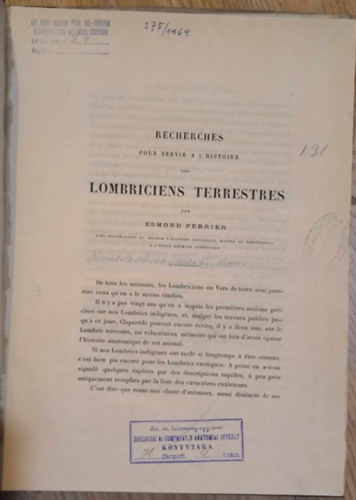 Edmond Perrier - Recherches pour Servir A l'Histoire des Lombriciens Terrestre ("Kutatsok a szrazfldi gilisztk trtnetben" francia nyelven)