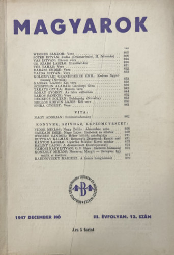 Juhász Géza (szerk.) - Magyarok - 1947 December - III. évfolyam 12. szám