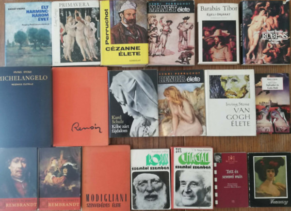 19 kötet festők és szobrészok életrajzi könyveiből (Paál László, Botticelli, Cézanne, Manet, Barabás Tibor, Rubens, Michelangelo, Renoir, Van Gogh, Dali, Rembrandt, Modigliani, Rodin, Chagall, Szente Gábor, Vaszary)